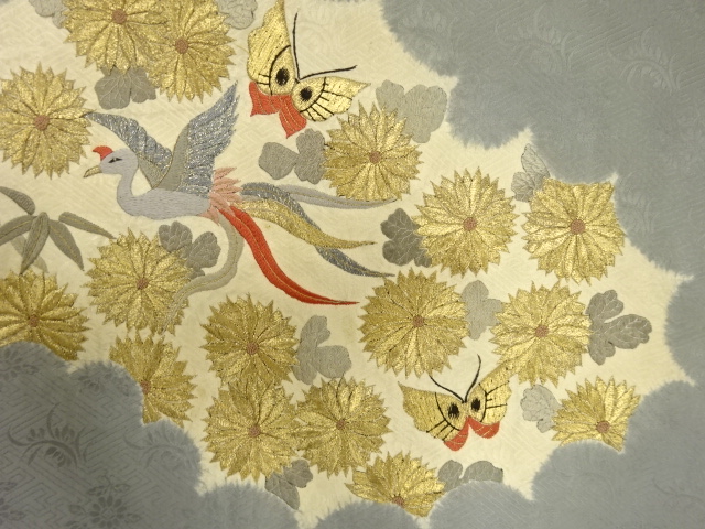JAPANESE KIMONO / ANTIQUE NAGOYA OBI / SILK / SHIBORI / KIKU & PHOENIX & BUTTERFLY